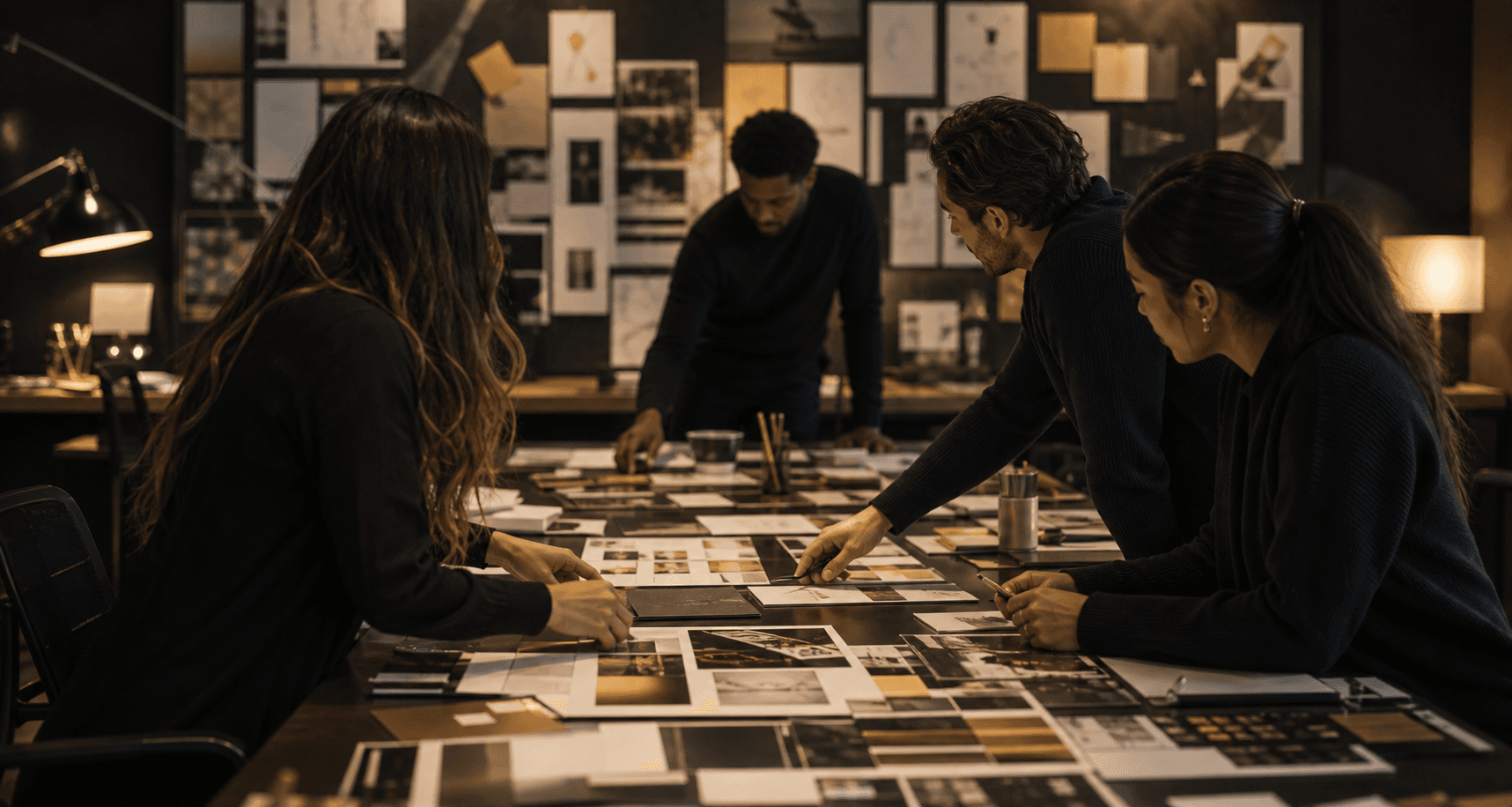 Creative brainstorming session with campaign materials in an elegant studio