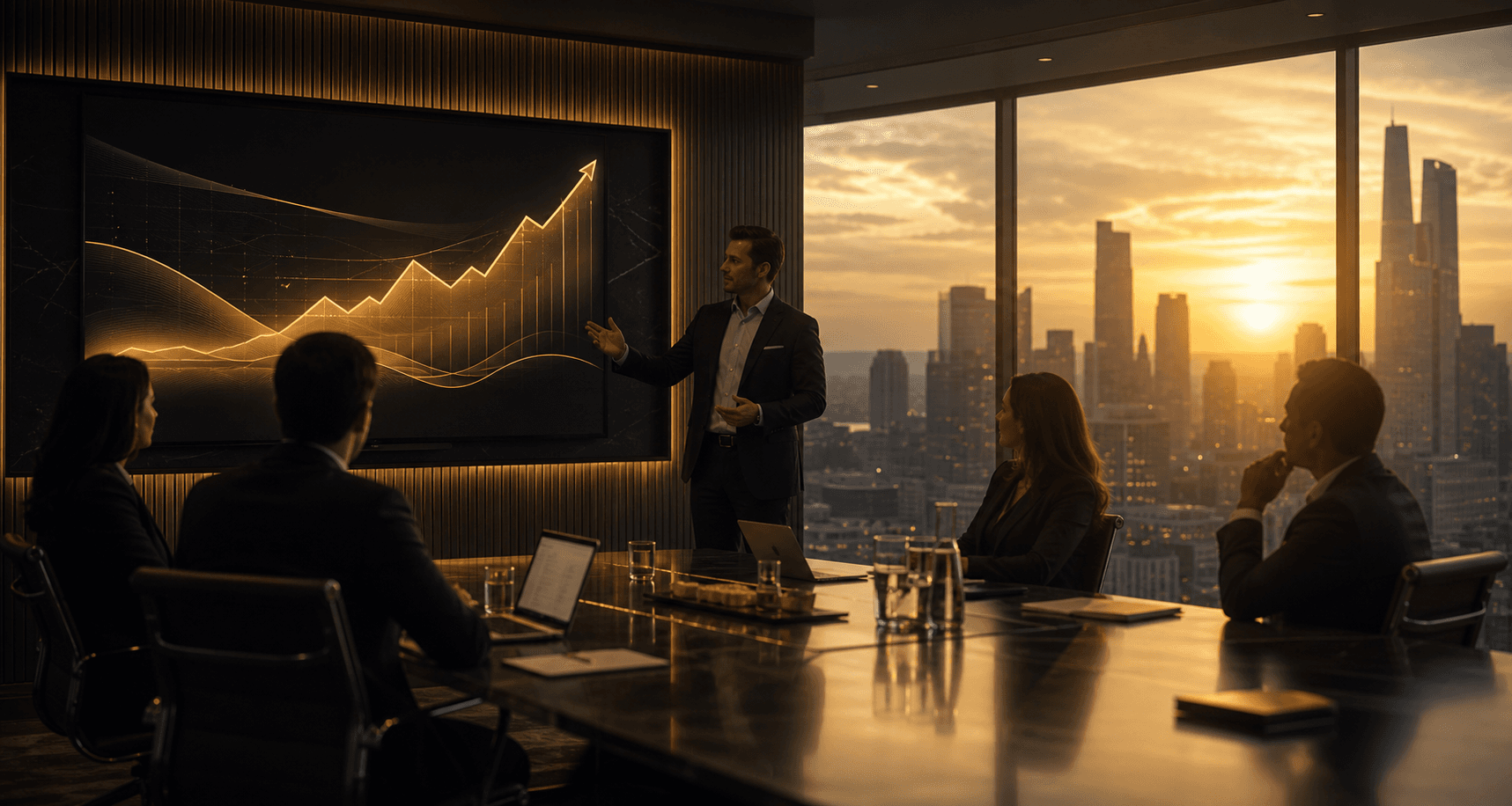 Executive marketing strategy presentation in a golden-hour boardroom